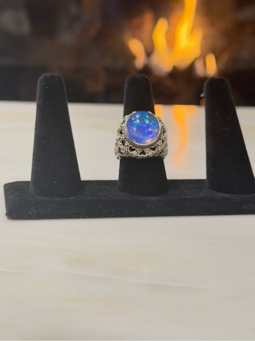 Opal-Look Filigree Statement Ring in Blue-Green